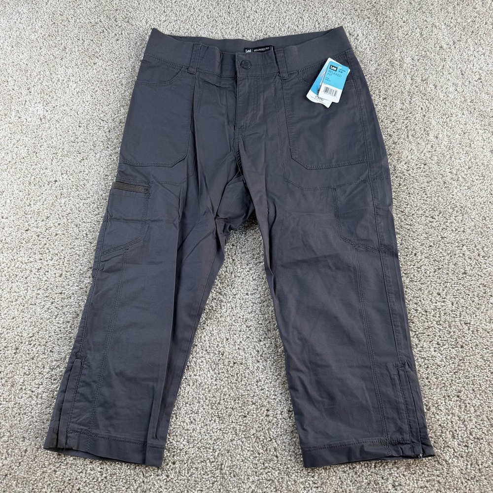 Lee Pants Womens 8 Medium Gray Twill Relaxed Fit Capri Stretch Cargo Pockets